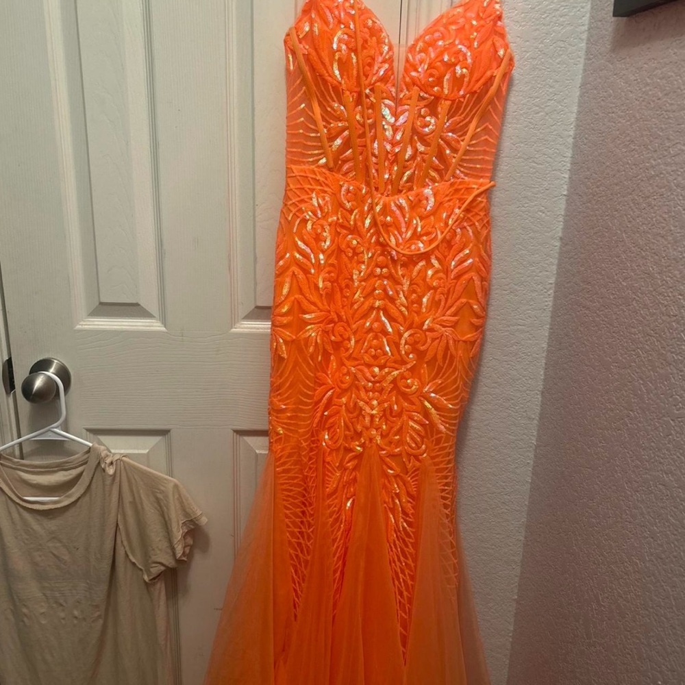 Orange Stacees prom dress; size 4 (small). I can negotiate on a price!